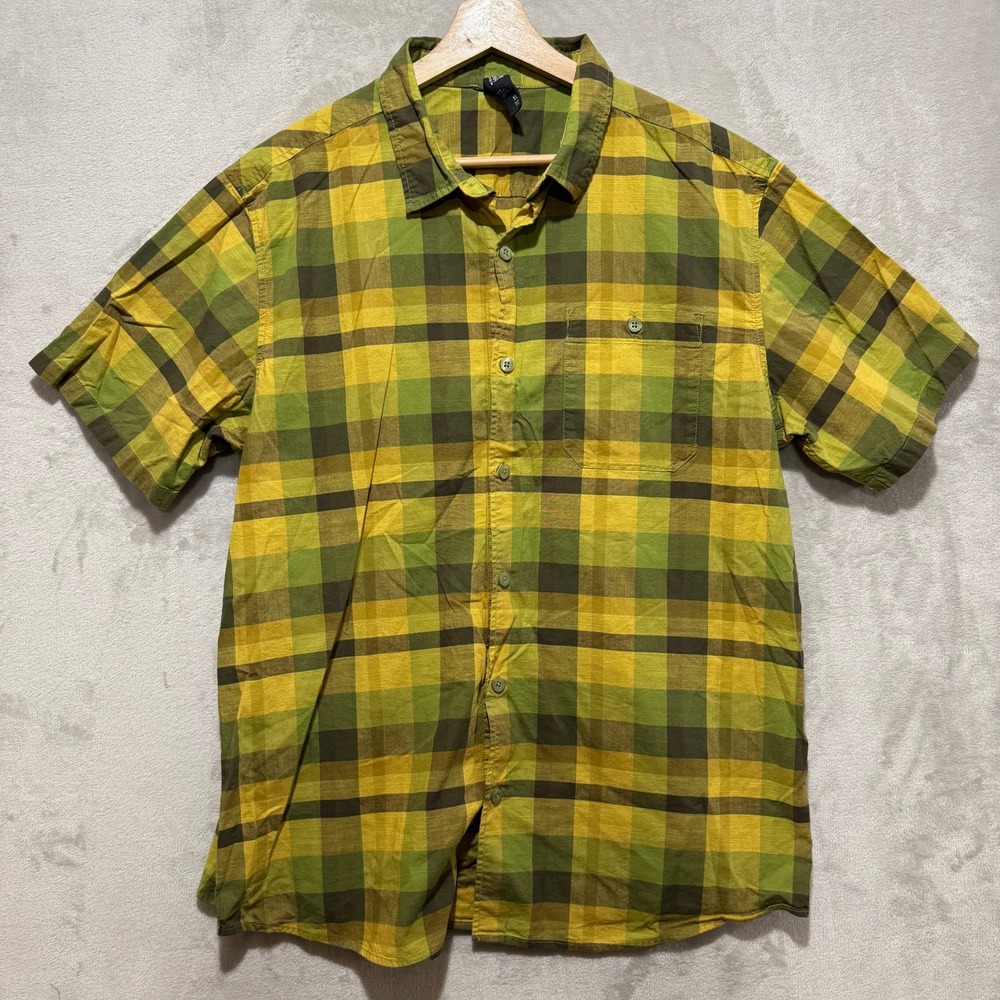 Mountain Hardwear Mens XL Plaid Short Sleeve Button Up Shirt Yellow‎ Green